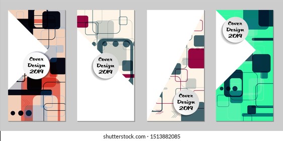 Retro Flyers with Rectangles. Set of Technic Colorful Posters with Colorful Elements. Trendy Vertical Banners with White Form. Sale Brochures. Vacation Ads. Tech Backgrounds.