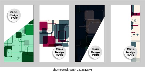 Retro Flyers with Rectangles. Set of Technic Colorful Posters with Colorful Elements. Trendy Vertical Banners with White Form. Sale Brochures. Vacation Ads. Tech Backgrounds.