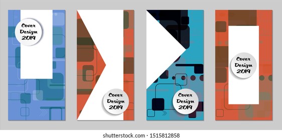 Retro Flyers with Rectangles. Set of Technic Colorful Posters with Colorful Elements. Trendy Vertical Banners with White Form. Sale Brochures. Vacation Ads. Tech Backgrounds.