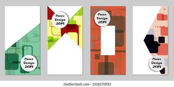 Retro Flyers with Rectangles. Set of Technic Colorful Posters with Colorful Elements. Trendy Vertical Banners with White Form. Sale Brochures. Vacation Ads. Tech Backgrounds.