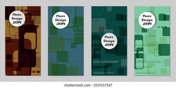 Retro Flyers with Rectangles. Set of Technic Colorful Posters with Colorful Elements. Trendy Vertical Banners with White Form. Sale Brochures. Vacation Ads. Tech Backgrounds.