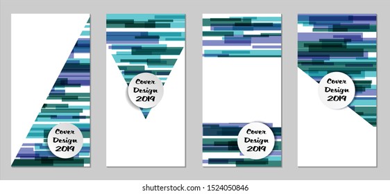 Retro Flyers with Rectangles. Set of Technic Colorful Posters with Blue Elements, Colorful Lines. Festive Vertical Banners with White Form. Sale Brochures. Vacation Ads. Tech Backgrounds.