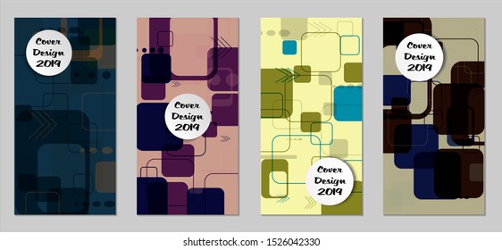 Retro Flyers with Rectangles. Set of Technic Colorful Posters with Colorful Elements. Trendy Vertical Banners with White Form. Sale Brochures. Vacation Ads. Tech Backgrounds.