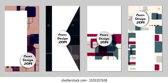 Retro Flyers with Rectangles. Set of Technic Colorful Posters with Colorful Elements. Trendy Vertical Banners with White Form. Sale Brochures. Vacation Ads. Tech Backgrounds.