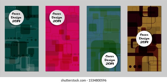 Retro Flyers with Rectangles. Set of Technic Colorful Posters with Colorful Elements. Trendy Vertical Banners with White Form. Sale Brochures. Vacation Ads. Tech Backgrounds.