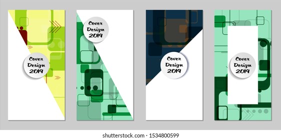 Retro Flyers with Rectangles. Set of Technic Colorful Posters with Colorful Elements. Trendy Vertical Banners with White Form. Sale Brochures. Vacation Ads. Tech Backgrounds.