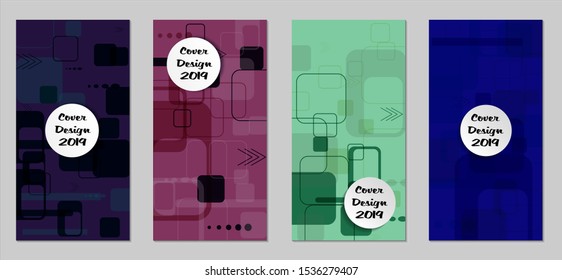 Retro Flyers with Rectangles. Set of Technic Colorful Posters with Colorful Elements. Trendy Vertical Banners with White Form. Sale Brochures. Vacation Ads. Tech Backgrounds.