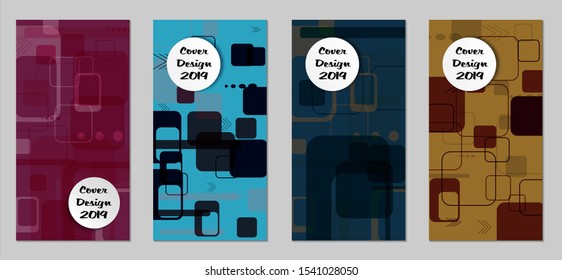 Retro Flyers with Rectangles. Set of Technic Colorful Posters with Colorful Elements. Trendy Vertical Banners with White Form. Sale Brochures. Vacation Ads. Tech Backgrounds.