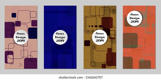 Retro Flyers with Rectangles. Set of Technic Colorful Posters with Colorful Elements. Trendy Vertical Banners with White Form. Sale Brochures. Vacation Ads. Tech Backgrounds.