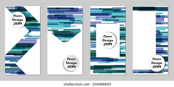 Retro Flyers with Rectangles. Set of Technic Colorful Posters with Blue Elements, Colorful Lines. Festive Vertical Banners with White Form. Sale Brochures. Vacation Ads. Tech Backgrounds.