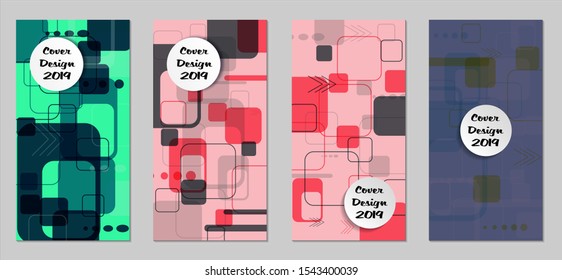 Retro Flyers with Rectangles. Set of Technic Colorful Posters with Colorful Elements. Trendy Vertical Banners with White Form. Sale Brochures. Vacation Ads. Tech Backgrounds.