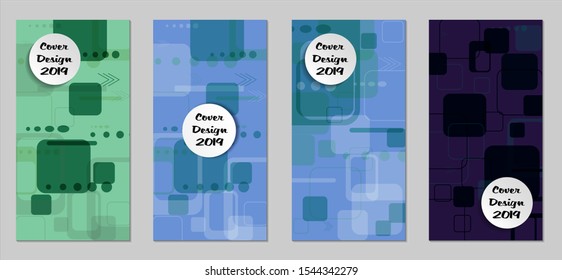 Retro Flyers with Rectangles. Set of Technic Colorful Posters with Colorful Elements. Trendy Vertical Banners with White Form. Sale Brochures. Vacation Ads. Tech Backgrounds.