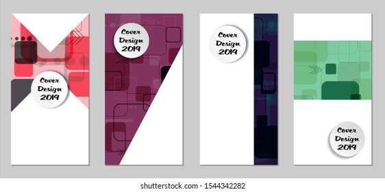 Retro Flyers with Rectangles. Set of Technic Colorful Posters with Colorful Elements. Trendy Vertical Banners with White Form. Sale Brochures. Vacation Ads. Tech Backgrounds.