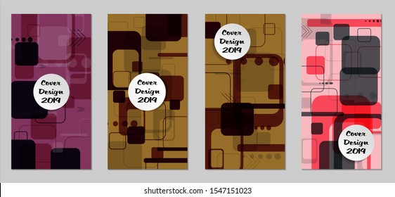 Retro Flyers with Rectangles. Set of Technic Colorful Posters with Colorful Elements. Trendy Vertical Banners with White Form. Sale Brochures. Vacation Ads. Tech Backgrounds.