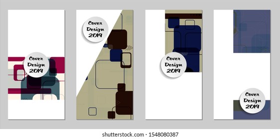 Retro Flyers with Rectangles. Set of Technic Colorful Posters with Colorful Elements. Trendy Vertical Banners with White Form. Sale Brochures. Vacation Ads. Tech Backgrounds.