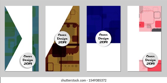 Retro Flyers with Rectangles. Set of Technic Colorful Posters with Colorful Elements. Trendy Vertical Banners with White Form. Sale Brochures. Vacation Ads. Tech Backgrounds.