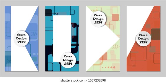 Retro Flyers with Rectangles. Set of Technic Colorful Posters with Colorful Elements. Trendy Vertical Banners with White Form. Sale Brochures. Vacation Ads. Tech Backgrounds.