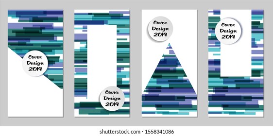 Retro Flyers with Rectangles. Set of Technic Colorful Posters with Blue Elements, Colorful Lines. Festive Vertical Banners with White Form. Sale Brochures. Vacation Ads. Tech Backgrounds.