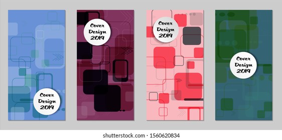 Retro Flyers with Rectangles. Set of Technic Colorful Posters with Colorful Elements. Trendy Vertical Banners with White Form. Sale Brochures. Vacation Ads. Tech Backgrounds.