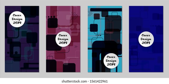 Retro Flyers with Rectangles. Set of Technic Colorful Posters with Colorful Elements. Trendy Vertical Banners with White Form. Sale Brochures. Vacation Ads. Tech Backgrounds.