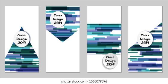Retro Flyers with Rectangles. Set of Technic Colorful Posters with Blue Elements, Colorful Lines. Festive Vertical Banners with White Form. Sale Brochures. Vacation Ads. Tech Backgrounds.