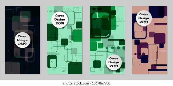 Retro Flyers with Rectangles. Set of Technic Colorful Posters with Colorful Elements. Trendy Vertical Banners with White Form. Sale Brochures. Vacation Ads. Tech Backgrounds.