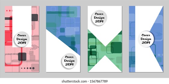 Retro Flyers with Rectangles. Set of Technic Colorful Posters with Colorful Elements. Trendy Vertical Banners with White Form. Sale Brochures. Vacation Ads. Tech Backgrounds.