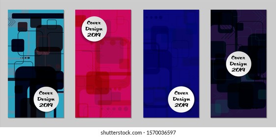 Retro Flyers with Rectangles. Set of Technic Colorful Posters with Colorful Elements. Trendy Vertical Banners with White Form. Sale Brochures. Vacation Ads. Tech Backgrounds.