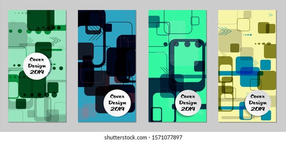 Retro Flyers with Rectangles. Set of Technic Colorful Posters with Colorful Elements. Trendy Vertical Banners with White Form. Sale Brochures. Vacation Ads. Tech Backgrounds.