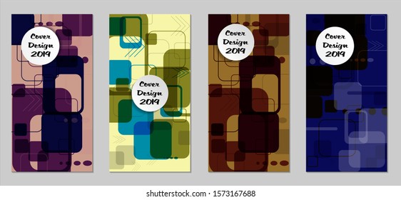 Retro Flyers with Rectangles. Set of Technic Colorful Posters with Colorful Elements. Trendy Vertical Banners with White Form. Sale Brochures. Vacation Ads. Tech Backgrounds.