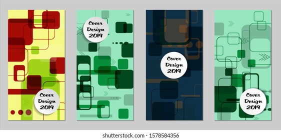 Retro Flyers with Rectangles. Set of Technic Colorful Posters with Colorful Elements. Trendy Vertical Banners with White Form. Sale Brochures. Vacation Ads. Tech Backgrounds.