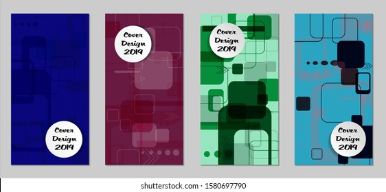 Retro Flyers with Rectangles. Set of Technic Colorful Posters with Colorful Elements. Trendy Vertical Banners with White Form. Sale Brochures. Vacation Ads. Tech Backgrounds.