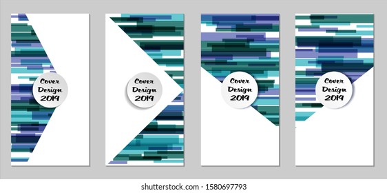 Retro Flyers with Rectangles. Set of Technic Colorful Posters with Blue Elements, Colorful Lines. Festive Vertical Banners with White Form. Sale Brochures. Vacation Ads. Tech Backgrounds.