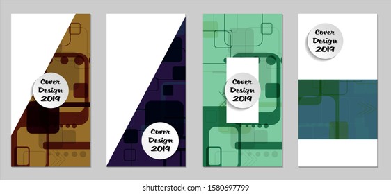 Retro Flyers with Rectangles. Set of Technic Colorful Posters with Colorful Elements. Trendy Vertical Banners with White Form. Sale Brochures. Vacation Ads. Tech Backgrounds.