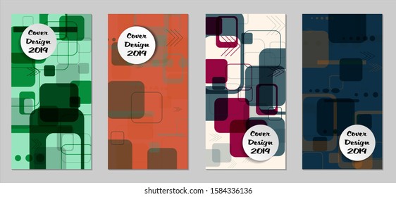 Retro Flyers with Rectangles. Set of Technic Colorful Posters with Colorful Elements. Trendy Vertical Banners with White Form. Sale Brochures. Vacation Ads. Tech Backgrounds.