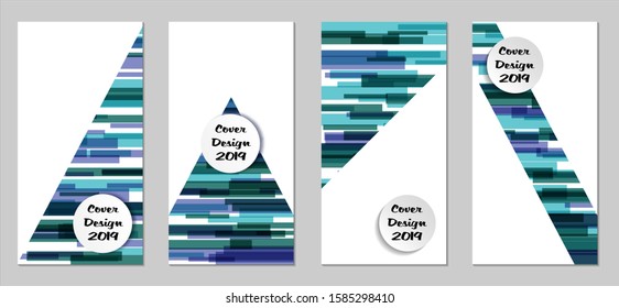 Retro Flyers with Rectangles. Set of Technic Colorful Posters with Blue Elements, Colorful Lines. Festive Vertical Banners with White Form. Sale Brochures. Vacation Ads. Tech Backgrounds.