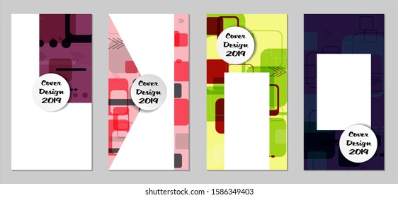 Retro Flyers with Rectangles. Set of Technic Colorful Posters with Colorful Elements. Trendy Vertical Banners with White Form. Sale Brochures. Vacation Ads. Tech Backgrounds.