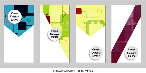 Retro Flyers with Rectangles. Set of Technic Colorful Posters with Colorful Elements. Trendy Vertical Banners with White Form. Sale Brochures. Vacation Ads. Tech Backgrounds.