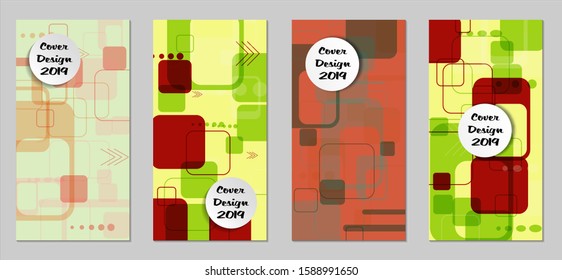 Retro Flyers with Rectangles. Set of Technic Colorful Posters with Colorful Elements. Trendy Vertical Banners with White Form. Sale Brochures. Vacation Ads. Tech Backgrounds.