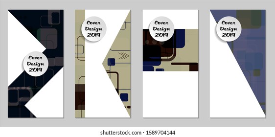 Retro Flyers with Rectangles. Set of Technic Colorful Posters with Colorful Elements. Trendy Vertical Banners with White Form. Sale Brochures. Vacation Ads. Tech Backgrounds.