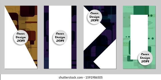 Retro Flyers with Rectangles. Set of Technic Colorful Posters with Colorful Elements. Trendy Vertical Banners with White Form. Sale Brochures. Vacation Ads. Tech Backgrounds.