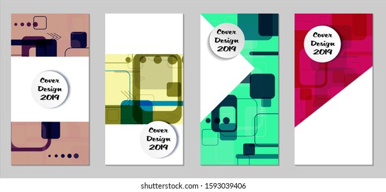 Retro Flyers with Rectangles. Set of Technic Colorful Posters with Colorful Elements. Trendy Vertical Banners with White Form. Sale Brochures. Vacation Ads. Tech Backgrounds.