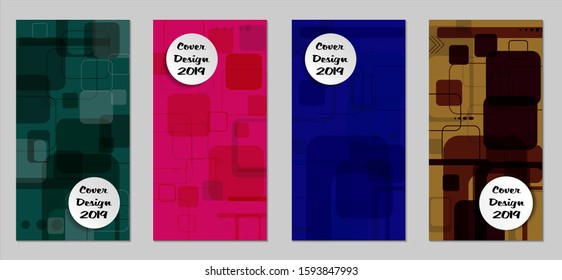 Retro Flyers with Rectangles. Set of Technic Colorful Posters with Colorful Elements. Trendy Vertical Banners with White Form. Sale Brochures. Vacation Ads. Tech Backgrounds.