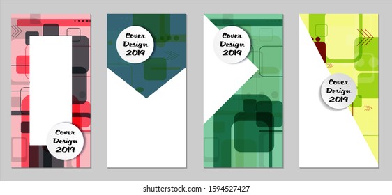 Retro Flyers with Rectangles. Set of Technic Colorful Posters with Colorful Elements. Trendy Vertical Banners with White Form. Sale Brochures. Vacation Ads. Tech Backgrounds.