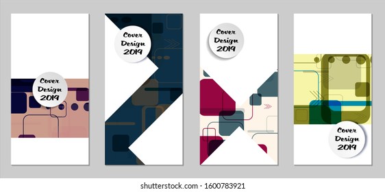 Retro Flyers with Rectangles. Set of Technic Colorful Posters with Colorful Elements. Trendy Vertical Banners with White Form. Sale Brochures. Vacation Ads. Tech Backgrounds.