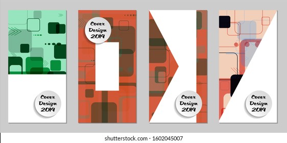 Retro Flyers with Rectangles. Set of Technic Colorful Posters with Colorful Elements. Trendy Vertical Banners with White Form. Sale Brochures. Vacation Ads. Tech Backgrounds.