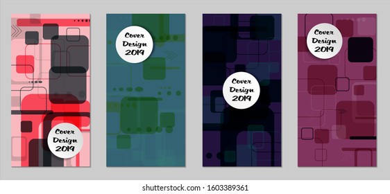 Retro Flyers with Rectangles. Set of Technic Colorful Posters with Colorful Elements. Trendy Vertical Banners with White Form. Sale Brochures. Vacation Ads. Tech Backgrounds.