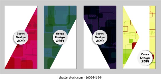 Retro Flyers with Rectangles. Set of Technic Colorful Posters with Colorful Elements. Trendy Vertical Banners with White Form. Sale Brochures. Vacation Ads. Tech Backgrounds.