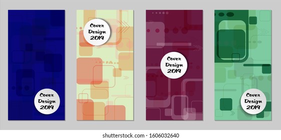 Retro Flyers with Rectangles. Set of Technic Colorful Posters with Colorful Elements. Trendy Vertical Banners with White Form. Sale Brochures. Vacation Ads. Tech Backgrounds.