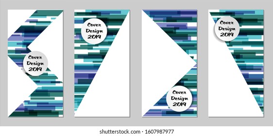 Retro Flyers with Rectangles. Set of Technic Colorful Posters with Blue Elements, Colorful Lines. Festive Vertical Banners with White Form. Sale Brochures. Vacation Ads. Tech Backgrounds.